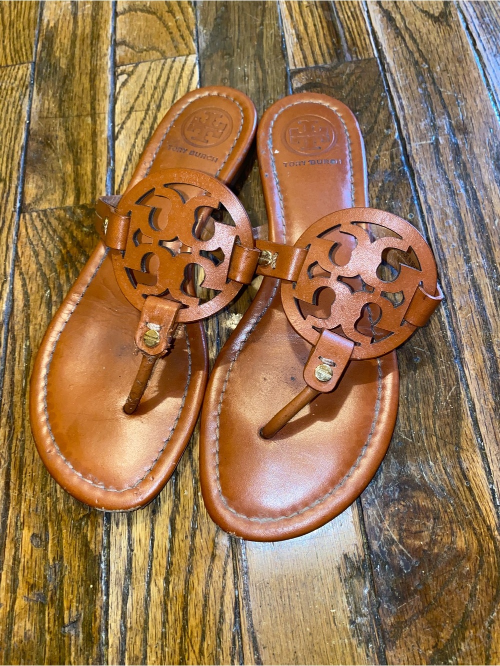 Tory Burch Brown Leather Logo Thong Sandals